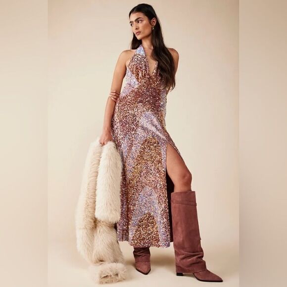 Free People Glitter & Gold Midi dress/ size S/P - Picture 1 of 9